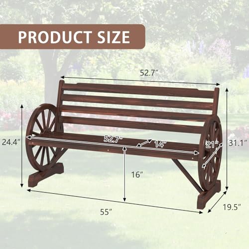 Image of kinbor 55 inch Wooden Rustic Wagon Wheel Bench, Outdoor Bench Seat, Backrest