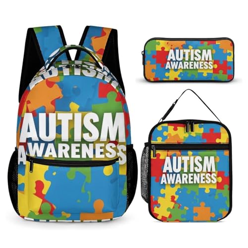 Backpack Bookbag Set Autism Awareness Colorful Puzzles Backpack with Lunch Bags and Makeup Bag Shoulder Bag with Lunch Box Storage Bags