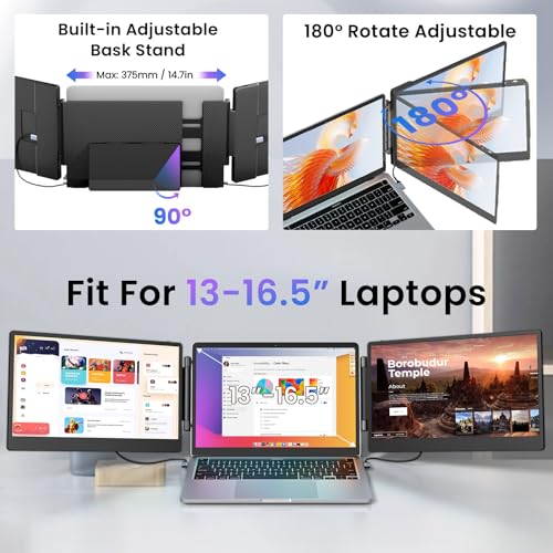 Laptop Bildschirm Erweiterung,14" 1080P Dreifacher tragbarer Laptop Screen Extender für 13 bis 16,5 Zoll Laptops mit Standfuß,2 Monitor und integrierten Lautsprechern,für MacOS/Windows/Chrome/Dex