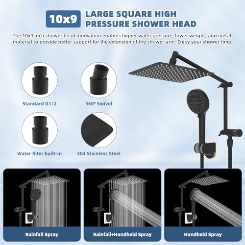 Image of Metal 10 inch Rain Shower Head with Handheld, High-Pressure Showerhead,10-Mode | Black, Rainfall Shower Head with 5 inch Large Handheld Spray, Adjustable 16 inch Shower Extension Arm /71 inch Hose, Brass 3-Way Diverter