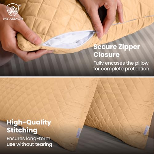 Image of MY ARMOR Waterproof & Dustproof Cotton Quilted Pillow Cover Protectors, Standard Size | 220+ GSM- Set of 2, Beige (18 inch x28 inch)