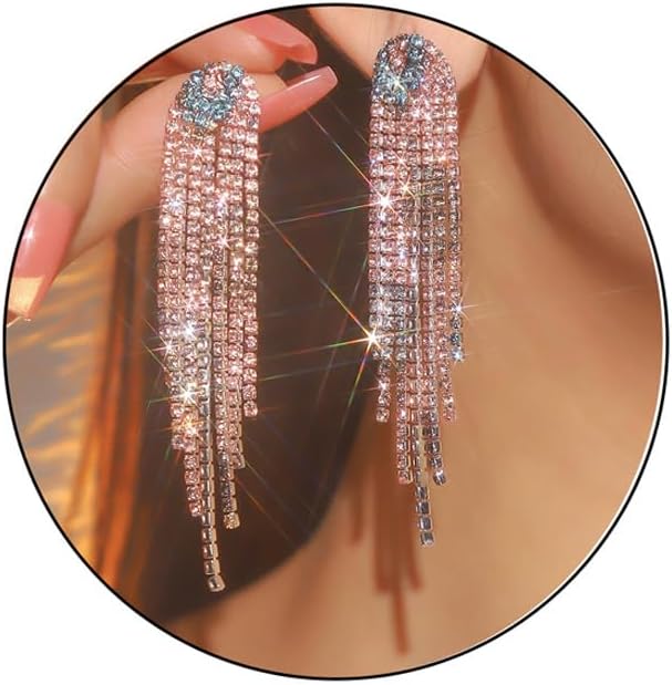 Rhinestone Tassel Earrings Sparkly Long Fringe Crystal Chandelier Dangle Drop Earrings Wedding Party Prom Earrings Premium Iridescent Earrings Wedding Party Jewelry Gifts for Women