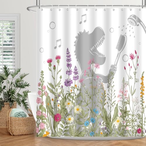 Image of Dinosaur Shower Curtain Funny Dino Sing Bathe Behind Wildflowers Trex Silhouette Shadow for Kids Bathroom Home Decor Waterproof Polyester Fabric 72Lx60W Inch with Hooks
