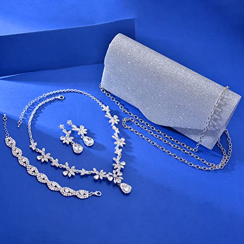 4-Pieces-Silver-Clutch-Purses-Rhinestone-Crystal-Choker-Necklace-Teardrop-Dangle-Earrings-Link-Tennis-Bracelet-Jewelry-Set-Evening-Bag-Handbag-Crossbody-Envelope-for-Women