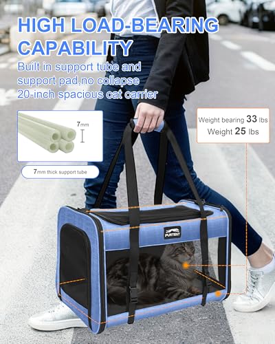 Soft-Sided Large Cat Carrier for 2 Cats, Spacious Foldable Pet Travel Carrier for Large Cats up to 25 Lbs, Double Cat Bag with Shoulder Strap, 20x13x13 Inch, Fits Maine Coon and Small Dogs, Blue - Image 3