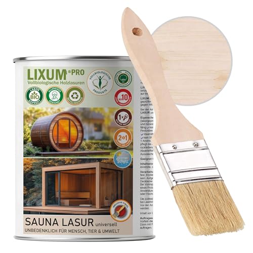 LIXUM PRO - SAUNA LASUR universell, Farbe:farblos 0.00, Inhalt:1000 ml (ca.30m²), inkl. Zubehör:Pinsel