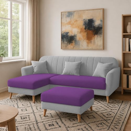 Image of Atticus LHS 4 Seater L Shape Sofa Set with Ottoman for Living Room (Purple Grey Fabric) Premium Fabric Sofa Set