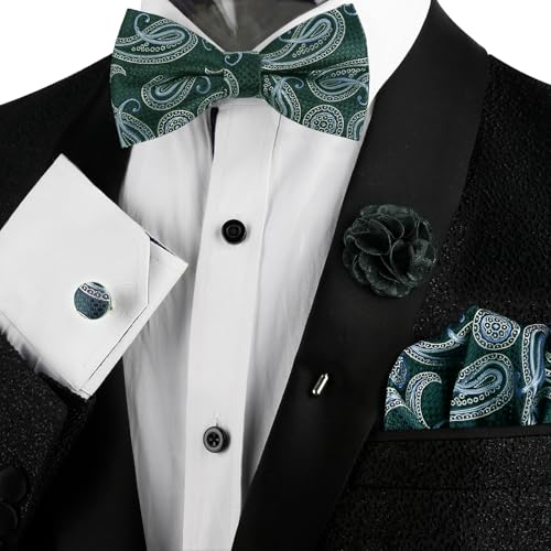 Image of Alizeal Mens 4pcs Vintage Paisley Bow Tie Set | Pre-tied Pocket Square Cufflinks Boutonniere for Wedding Everyday Use