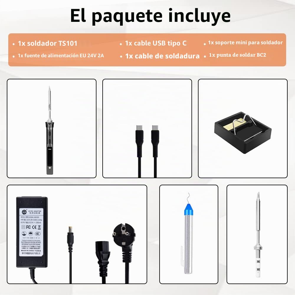 TS101 65W soldador eléctrico portátil inteligente Kit de soldador rápido de calor integrado DC 5525 Sensores de aceleración STM32, fuente de alimentación, cable de soldadura, soporte
