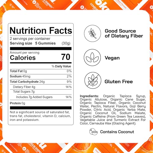 Image of ōku Energy Chews - Energy Gummies w /Natural Caffeine from Green Tea | Yerba Mate, Coconut Water for Hydration, 4g Vegan Fiber Gummy, Non-GMO | Running, Cycling, On-the-Go Snacks, Orange (12-Pack)
