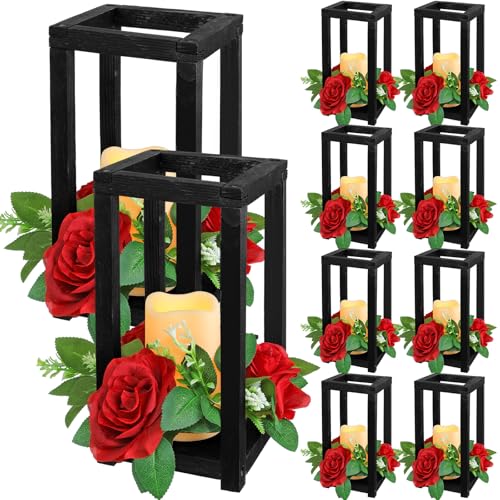 Hushee 30 Pcs Integrated Wedding Lantern Centerpiece Rustic Wooden Holder with Candles and Rings Farmhouse Candle Lantern Decor for Home Valentine Wedding Party Table Decor (Black and Red)