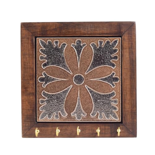 Image of AAKRITI ART CREATIONS Key Holder, Brown Orchid Handcrafted Key Holder Panel | Rustic Ceramic & Wood Wall Organizer with 5 Hooks | New Home Gifts| Multifunctional Entryway Decor