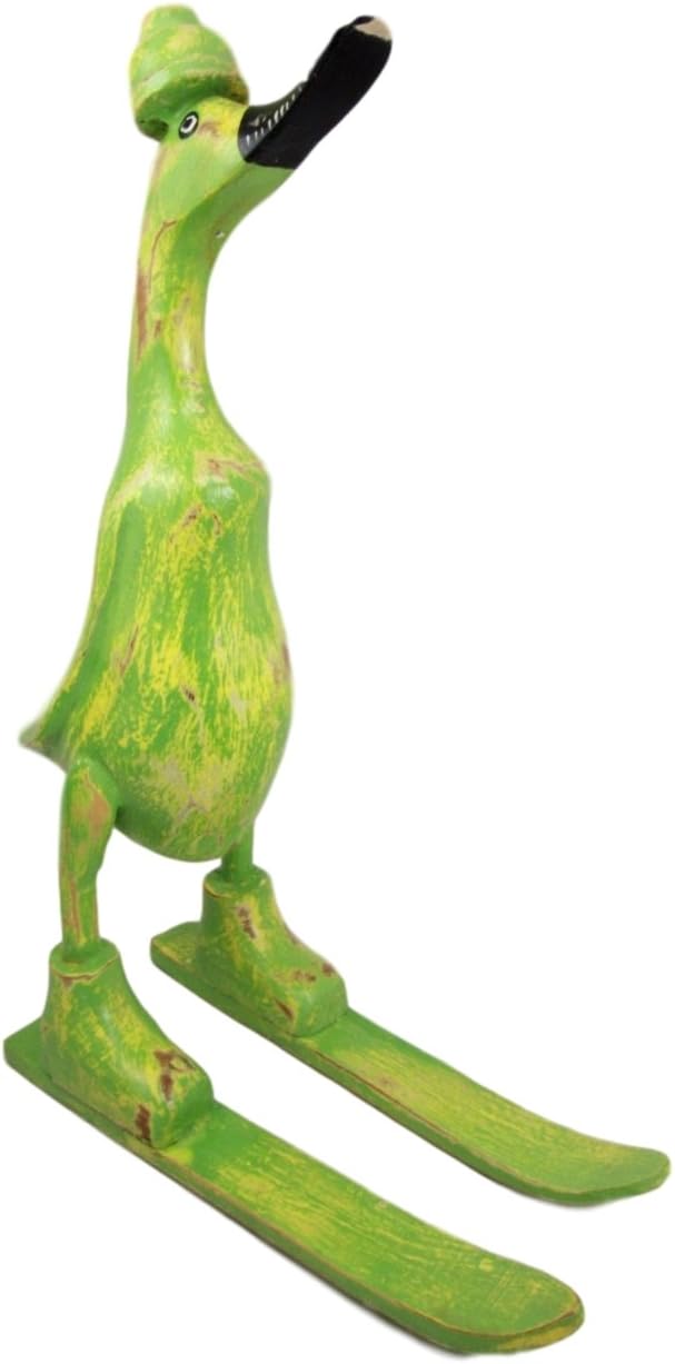 Balikraft Hand Made Wood Artisans "Bebek Angsa" Green Skiing Duck Decorative Figurine 14.5"H