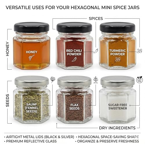 Image of Cute Hexagonal 50 grams Airtight Glass Jar Containers for Honey, Spices & other Kitchen Items with Rust Proof Black & Silver Color Caps -Set of 06