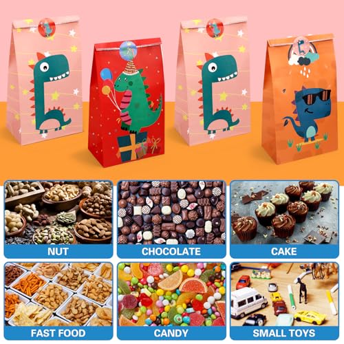 Tatxmalv 24 Stück Dinosaurier Papiertüten, Kindergeburtstage Bunte Candy Tüten mit 36 Aufkleber für Kindergeburtstag, 24x13x8cm Klein Geschenktüten, Verpacken von Geschenken