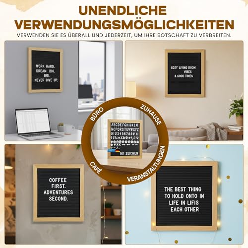 Buchstabenbrett Holzbrett mit Buchstaben, 23 x 30 cm - Brett mit Rillen Letter Board Filzbrett Memoboard mit 161 Zeichen (Schwarz)