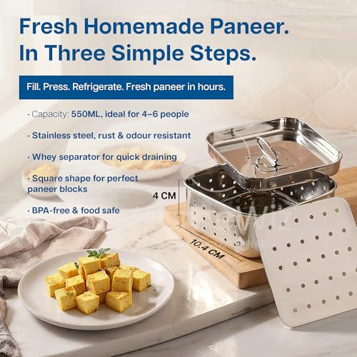 Image of HomeWiz Stainless Steel Paneer Maker 550ml | Paneer Maker Mould Press with Lid | Chrome Finish Technology for Rust Free Paneer Maker | Drainage Holes for Perfect Paneer, Tofu & Cheese | Lifetime Use