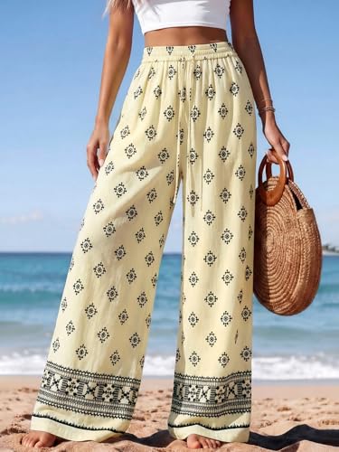 Image of PRETTYGARDEN Womens Pants Elastic Waist Floral Lightweight Palazzo Pants for Women Casual Lounge Wide Leg Pants Woman