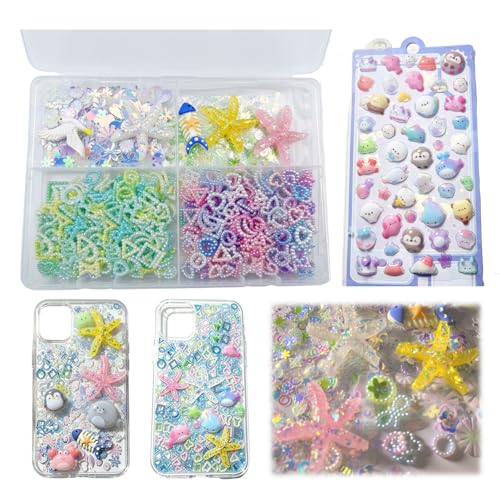 DJDYDUOYY Junk Phone Case Charms Kit – DIY Phone Case Decorating Supplies with Colorful Charms, Gradient Pearl Patch, Color Coated Glitter, 3D Stickers, Ocean Style Resin Accessories for Custom Cases, Earrings & Bracelets