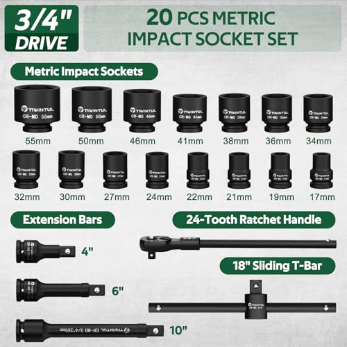 Image of 3 /4 Inch Drive Impact Socket Set, 20 Pcs Metric 17mm to 55mm | Heavy Duty CR-MO Steel, 24T Ratchet Wrench, 18 inch Sliding T-Bar & Extension Bars, Metal Storage Case for Truck, Tractor Repair