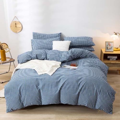 Image of LifeTB Gingham Comforter Set Full 3 Pieces Royal Blue Grid Plaid Comforter Set Soft Fluffy Checkered Pattern Comforter with 2 Pillowcases Farmhouse Gingham Bedding Comforter Full Size for All Season