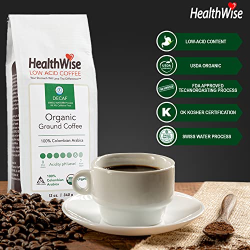 Healthwise Low Acid Organic Ground Coffee | 100% Colombian Swiss Water Decaf | Healthier Coffee For Sensitive Stomachs - Acid Reflux, Heartburn, Gastro Issues |Swiss Water Decaf | 12 Oz. - 340 G #TOP3