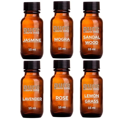 Image of Pure Source India Essential Oil (Lavender, Lemongrass, Rose, Jasmine, Sandalwood and Mogra), 15ml Each, Set of 6