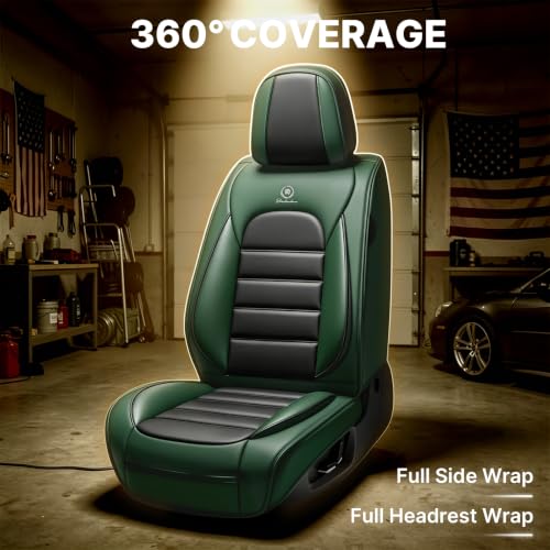 Image of Front Set Car Seat Covers for Jeep Compass 2007-2026, Waterproof Stain-Resistant Seat Cover, Premium Nappa Leather Seat Protectors with Storage Pockets(Luxury 2 Seats /Black&Green)