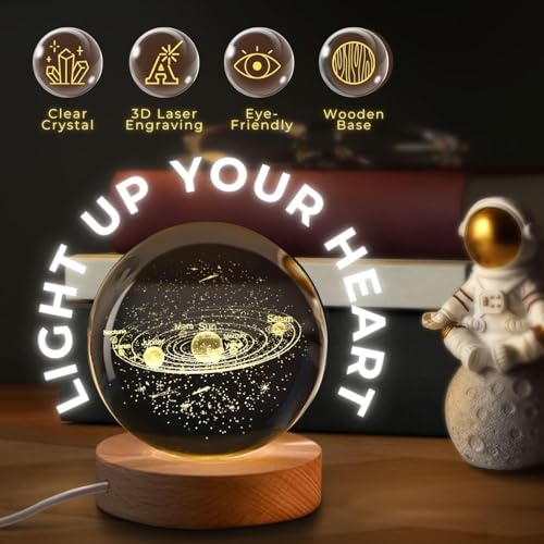 Image of 3D Solar Planet Crystal Ball LED Night Lamp, Creative Engraved Night Light Wooden Base, Warm White Decorative Table Lamp for Home, Office, Bedroom, Birthday Gift (Solar Planet)
