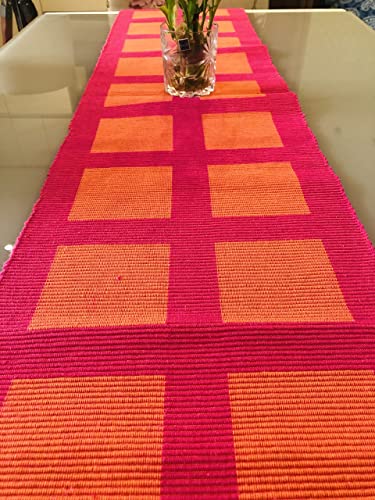 Image of Rangbhar Handloom Ribbed Cotton Table Runner for Living /Dining Room /Home Decor, Anti Skid, Reversible, Machine Washable, 12 X 72 inches, Striped, Pink Orange Box