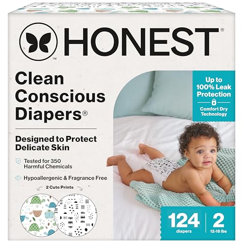 Image of The Honest Company Comfort Dry Disposable Diapers for Sensitive Skin, Hypoallergenic, Barnyard Babies + Pattern Play, Super Club Box Size 2 (12–18 lbs), 124 Count