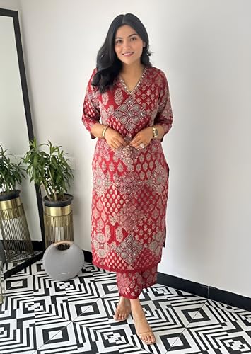 Image of LookMark Women's Cotton Blend Trendy Regular Fit Solid Printed Kurti with Stright Bottom |Kurti Set for Women