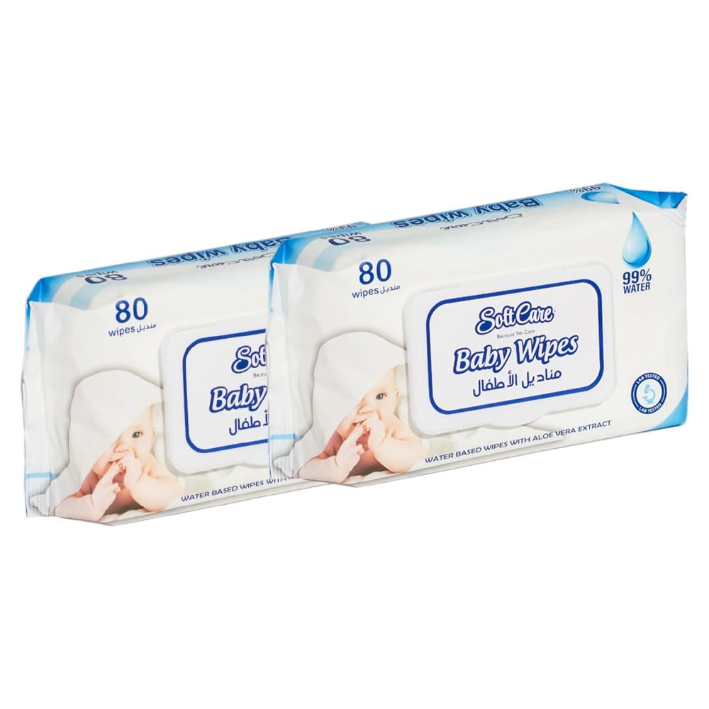 Softcare Baby Wipes - 80 Sheets - Pack of 2 - Ultra-Soft, Hypoallergenic, and Alcohol-Free - Enriched with Aloe Vera & Chamomile - Gentle Cleansing for Sensitive Skin