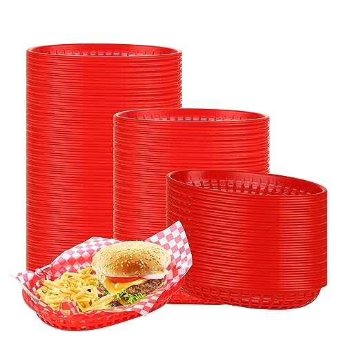 CertBuy 50 Pack Retro Style Fast Food Basket, 8.6\" x 5.5\" Plastic Fast Food Restaurant Baskets Bread Fry Baskets Serving Tray forHot Dogs Chicken Burgers Sandwiches Fries (Red)