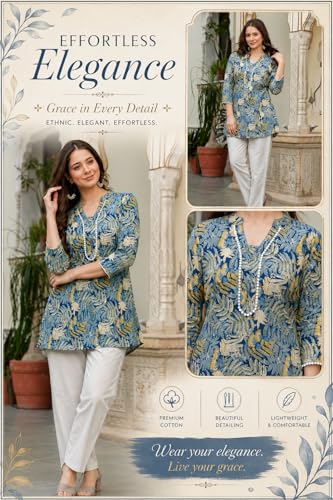 Image of Women's Cotton Printed Tunic Top | Square Neck Full Sleeve Casual Western Top | Trendy Longline Printed Top for Women | Stylish Party, Office