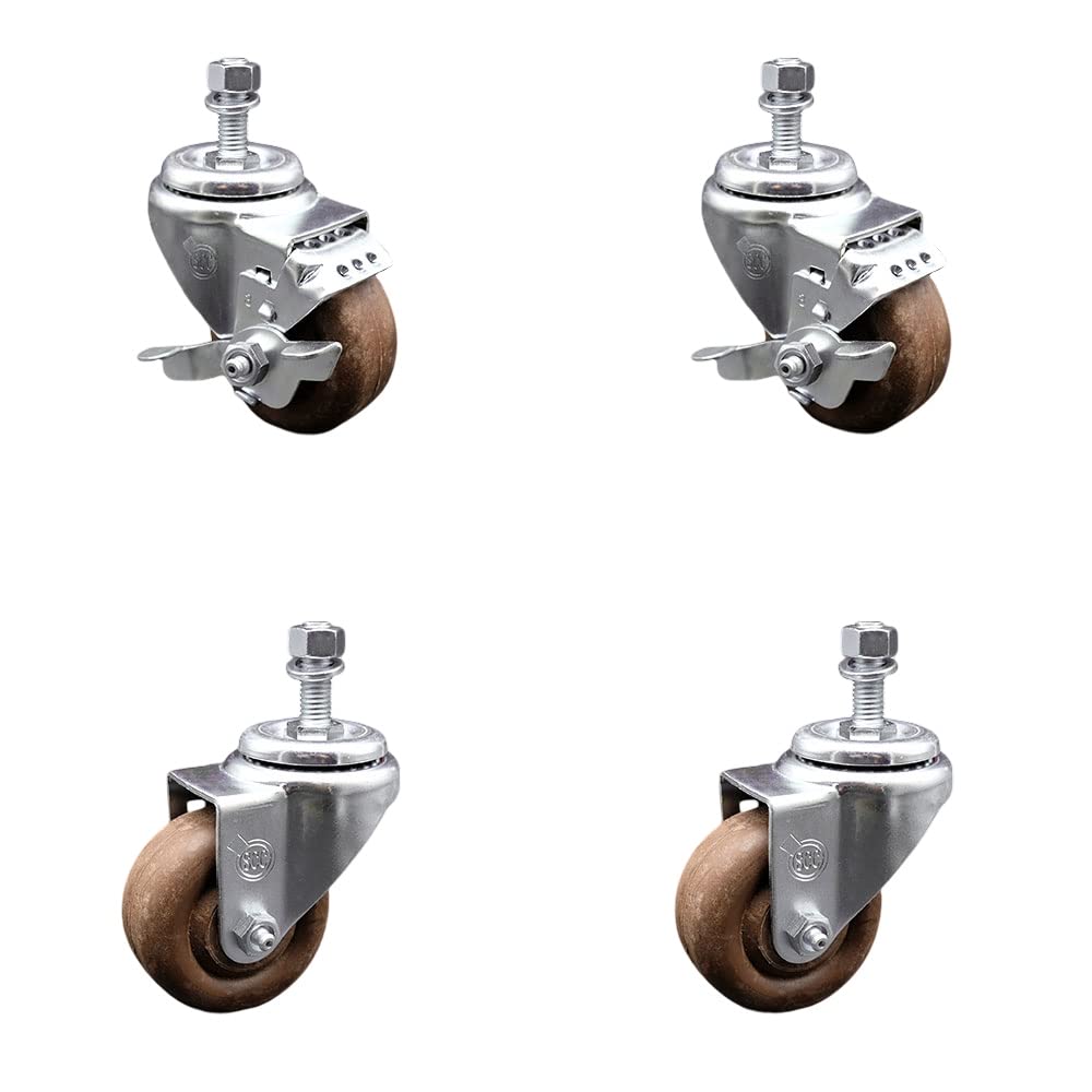 High Temp Glass Filled Nylon Swivel Threaded Stem Caster Set of 4 w/3.5" x 1.25" Brown Wheels and 1/2" Stems - Includes 2 with Top Locking Brake - 1400 lbs Total Capacity - Service Caster Brand