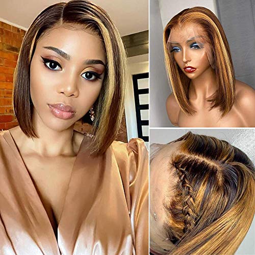 Ombre Honey Blonde 13x4 Lace Front Human Hair Wigs Bob Straight Lace Frontal Wig Pre Plucked Highlight Brown Color (150 Density 12in KADOYEE HAIR)