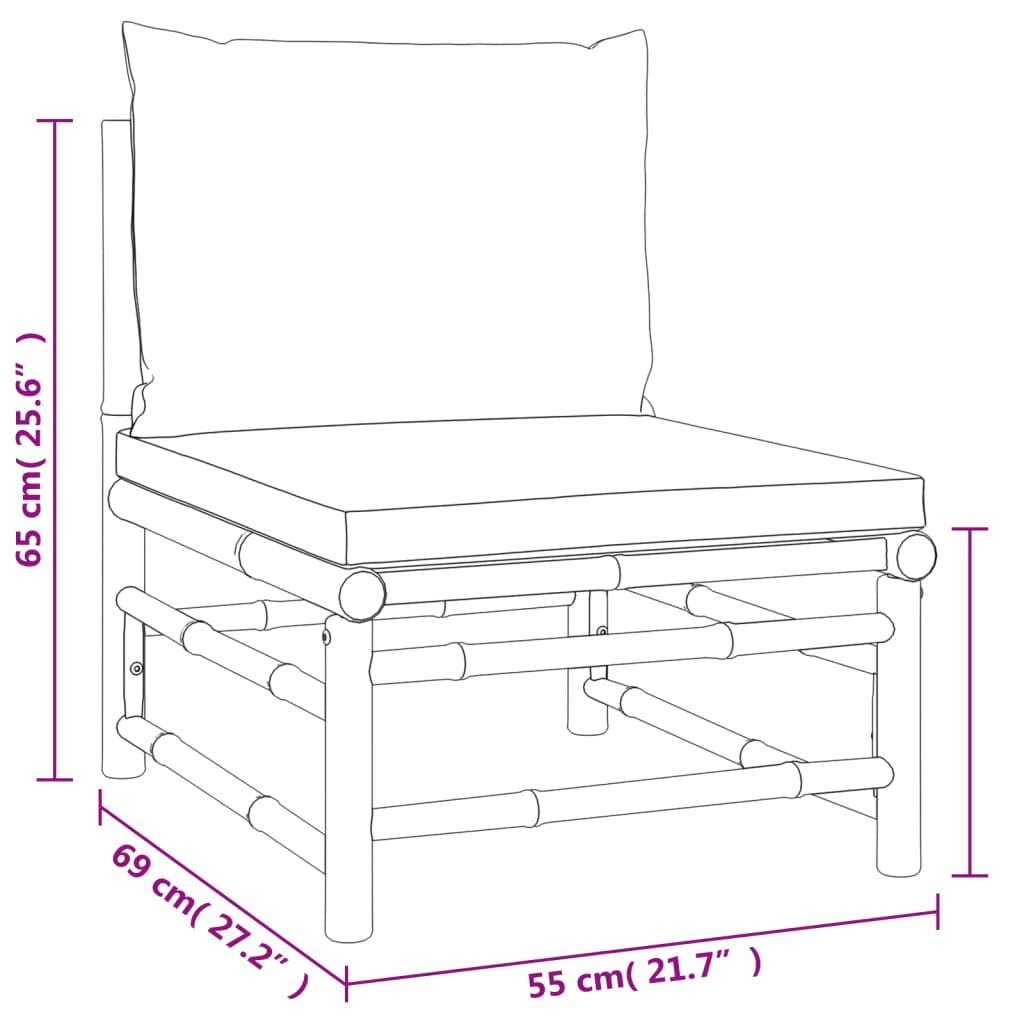 Salon de jardin en bambou 3 pièces avec coussins gris clair, canapé d'extérieur modulable avec accoudoirs et dossier pour un grand confort d'assise