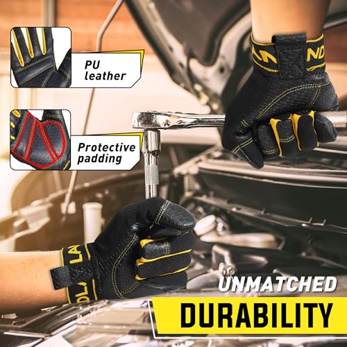 Image of HANDLANDY Work Gloves for Men & Women, Leather Utility Mechanic Working Gloves Touch Screen, Flexible Breathable Gardening Gloves for Yard Maintenance (Medium, 1 Pair)