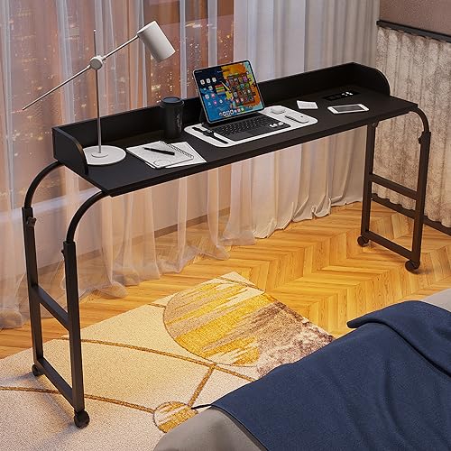 FREDEES Beistelltisch mit Verstellbarer Höhe, Beistelltisch Bett mit Rollen für Den Heimgebrauch, Betttisch mit Steckdosen und LED-Beleuchtun, Schwarz