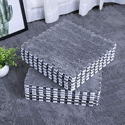 Smabee Interlocking Carpet Shaggy Soft EVA Foam Mats Fluffy Area Rugs Protective Floor Tiles Exercise Play Mat for Children Kids Room Home Parlor Bedroom (12 pcs , Gray)