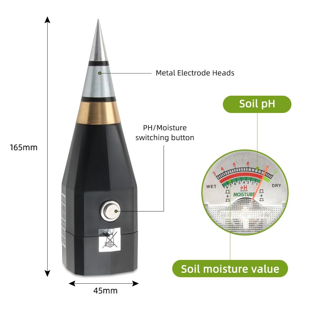 Testeur de pH du sol, capteur d'humidité portable avec électrode en métal et grand écran, testeur précis de plage de pH de 1 à 8 pour jardin, ferme, pelouse et plantes d'intérieur (noir)