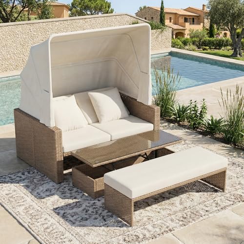 Kebnor Muebles de jardín de polirratán para 2 – 4 personas, sofá de jardín, sofá loungesofa, mesa de centro ajustable, toldo desmontable, ratán de polietileno y esponja, caqui