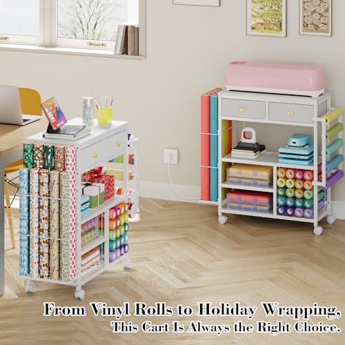 Image of Large Craft Wrapping Paper Organizers Cart, Rolling DIY Storage for Birthday with 2 Fabric Drawers, Lockable Wheels Cart for Vinyl Roll, Craft Supplies, Multi-Tier Craft Tape Holder