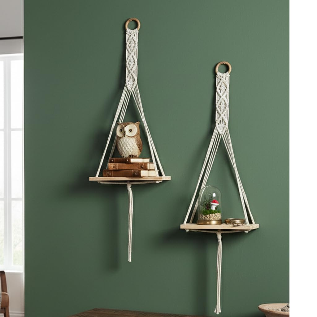 Decazone Handmade Macrame Wall Shelf for Plants & Home Decor | Boho Hanging Wooden Shelf (Set of 2)