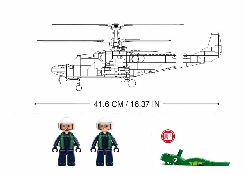 Sluban KA-52S Hélicoptère Militaire Maquette 1/35 913 Pièces 41,6 cm Set de Construction Rouge et Or