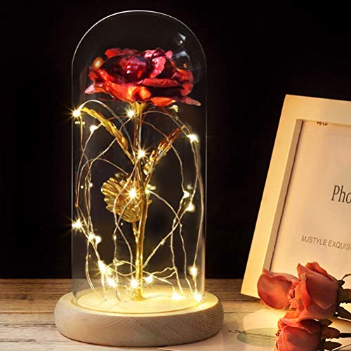 Beauty And The Beast Rose, Forever Rose With Led Light In Glass Dome For Valentine's Day Mothers Day Wedding Anniversary (Red Gold Rose.1) #TOP7