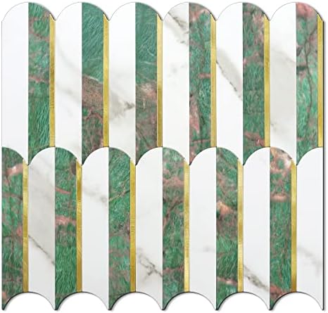 Vamos Tile Green Peel and Stick Backsplash Seamless Tile,10 Sheets Stick on Backsplash for Kitchen and Bathroom,White and Green Marble Look PVC Mixed Metal Gold Self Adhesive Fish Scale Mosaic Tiles