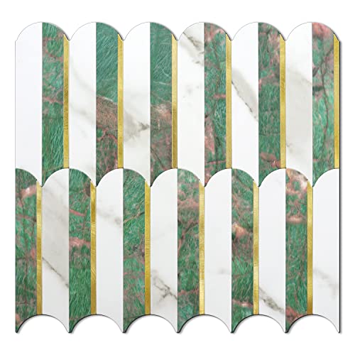 Vamos Tile Green Peel And Stick Backsplash Seamless Tile,10 Sheets Stick On Backsplash For Kitchen And Bathroom,White And Green Marble Look Pvc Mixed Metal Gold Self Adhesive Fish Scale Mosaic Tiles #TOP7