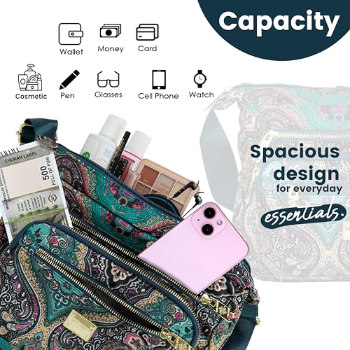 Image of Storite Women's Crossbody Sling Bag | Multi Pocket Lightweight Shoulder Bag | Adjustable Strap Travel Messenger Bag | Boho Design Casual Everyday Purse